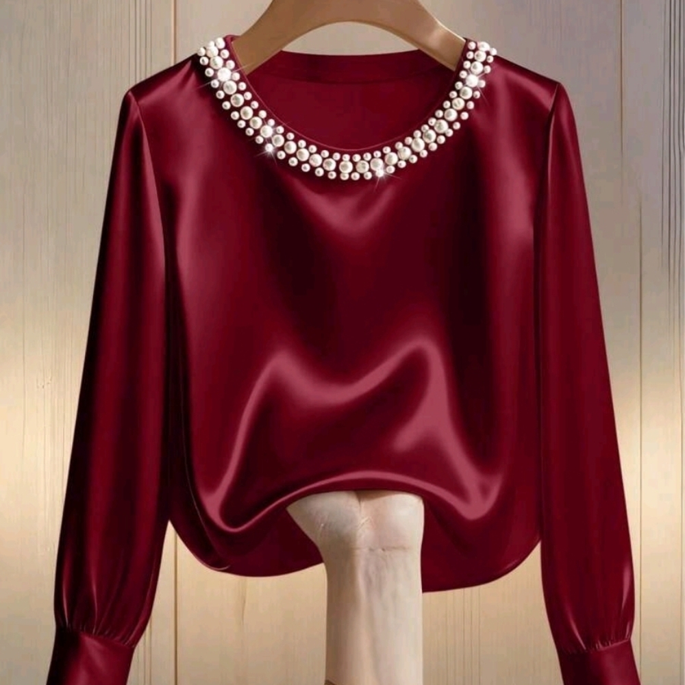 Elegant Pearl-Embellished Satin Top - Red